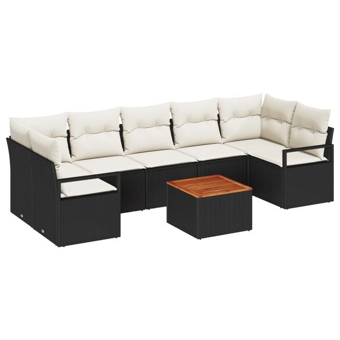 Ensemble de Canapés de Jardin de 8 Pièces avec Oreillers Noir Poly Rattan Acacia, Canapé de Jardin 2 Places avec Rangement &amp; 3356339