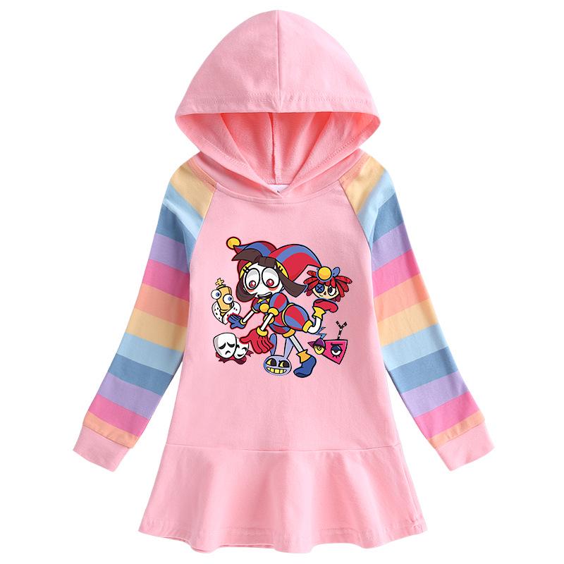2026 Spring/Autumn Girls' Ruffle Cartoon Rainbow Hooded Princess Long Sleeve Dress