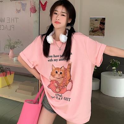 2025 Summer Casual Oversized T Shirt Pure Cotton Short Sleeve T-shirts for Women Harajuku Cute Cartoon Cat Print Pink Y2k Tops Hip Hop Streetwear