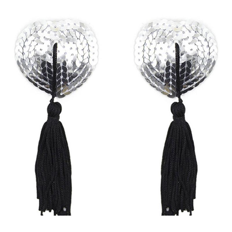 Heart-Shaped Sequined Nipple Covers with Tassels - Silicone Pasties Lingerie Accessories