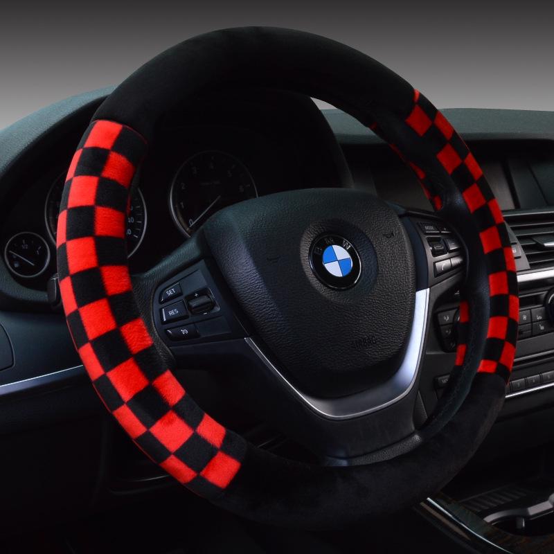 BLM Plaid Plush Steering Wheel Cover - Winter Checkered Car Accessory