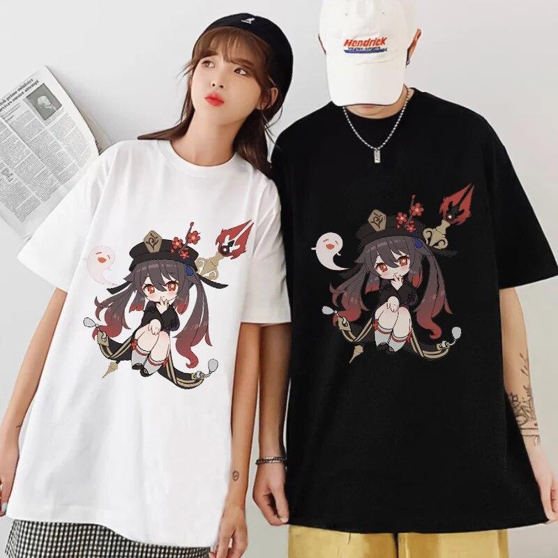 

Рубашка Genshin Impact Hu Tao Zhongli Футболки Женская уличная одежда унисекс Футболки с короткими рукавами в стиле аниме100% хлопок Летняя футболка унисекс с мультяшными принтами