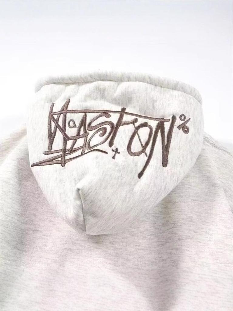 Men's American Style Gradient Letter Embroidery Fleece-Lined Hooded Sweatshirt, Autumn Loose Fit Versatile Casual Hoodie