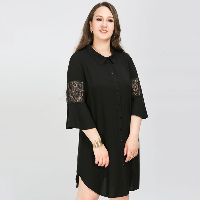 

Модная свободная рубашка большого размера с рукавами-пэчворк средней длины и удлиненного кроя Black 7XL