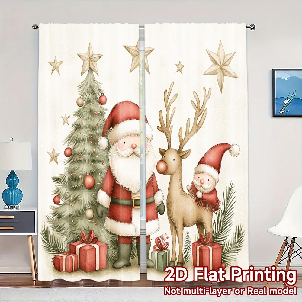 2pcs,Curtains Cute Christmas Santa Reindeer Tree Modern Light Filtering Curtains Durable Polyester Curtains Decorations For Home