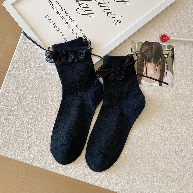 Female Spring Summer New Style Sweet Lace Edge Bow In The Tube Pile Socks