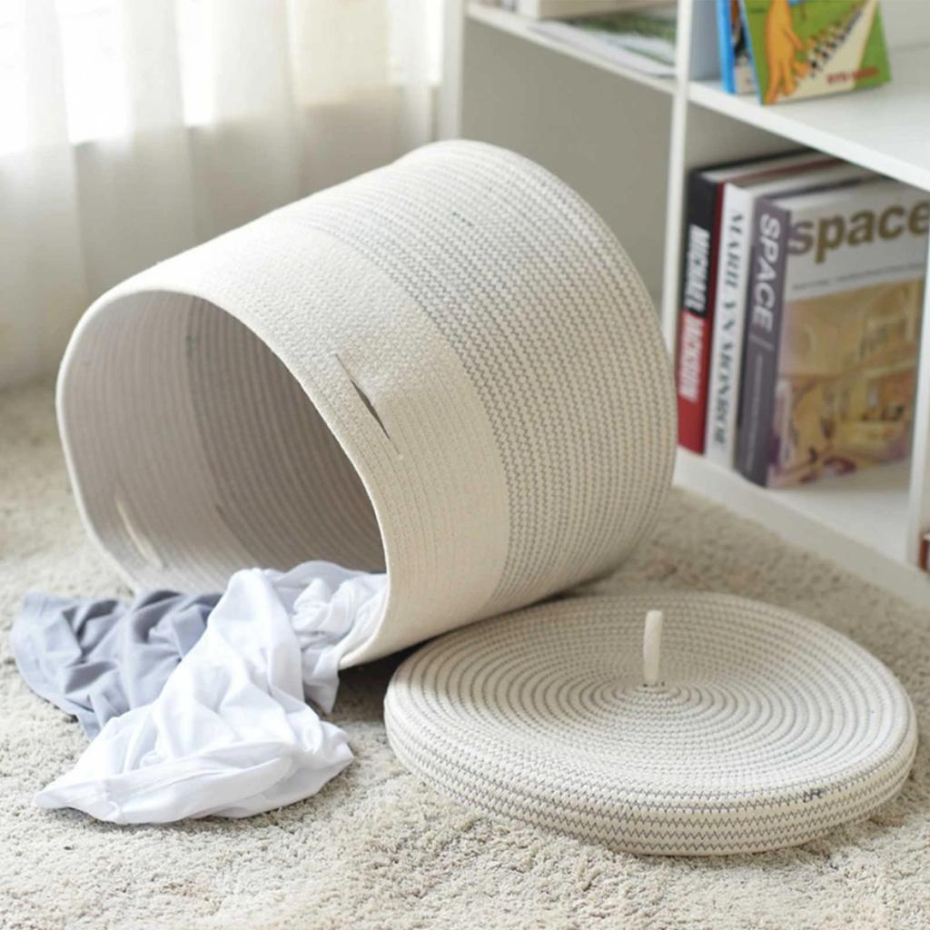 Cotton Rope Storage Basket with Lid Large Capacity Collapsible Laundry Storage Bag Organizer for Living Room Bedroom Kids Toys
