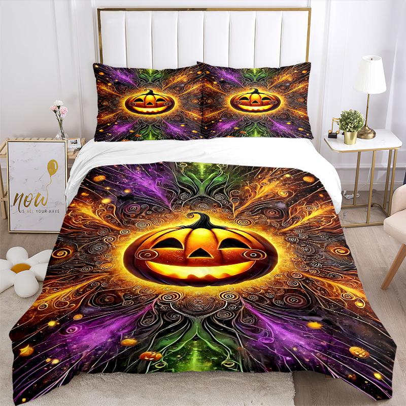 3pcs Pumpkin Halloween Bedding Set, Includes 1 Comforter + 2 Pillowcases, Without Pillow Inserts, Soft Comfortable, Lightweight Breathable,