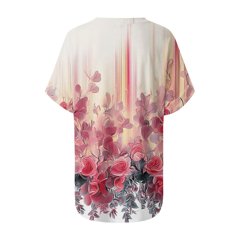 Women's Fashion Pocket V-neck Short Sleeve Plant Floral Print T-shirt Top