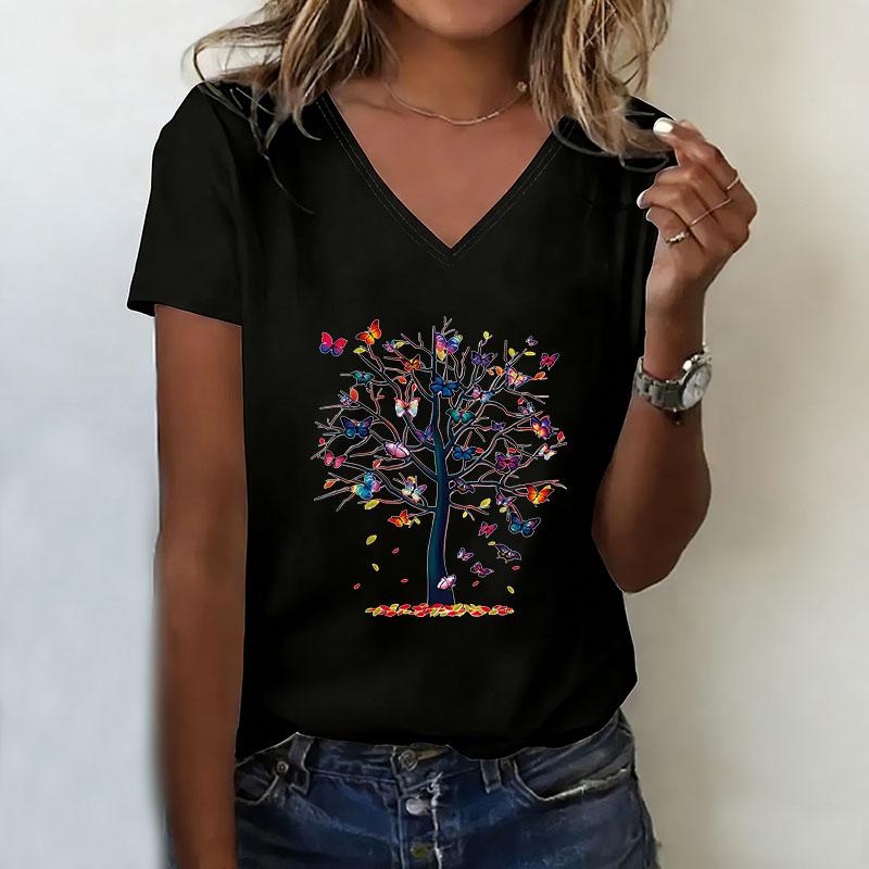 Vintage Butterfly Tree Summer Spring T-shirt V Neck Casual Fashion Y2k T Shirts Women Short Sleeve Tee Shirt V-Neck Tee