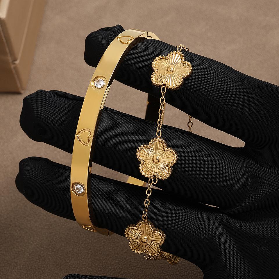 ZAKOL Fashion Five-leaf Flower Stacked Bracelet Bangle for Women Elegant Versatile Stainless Steel Zircon Gift
