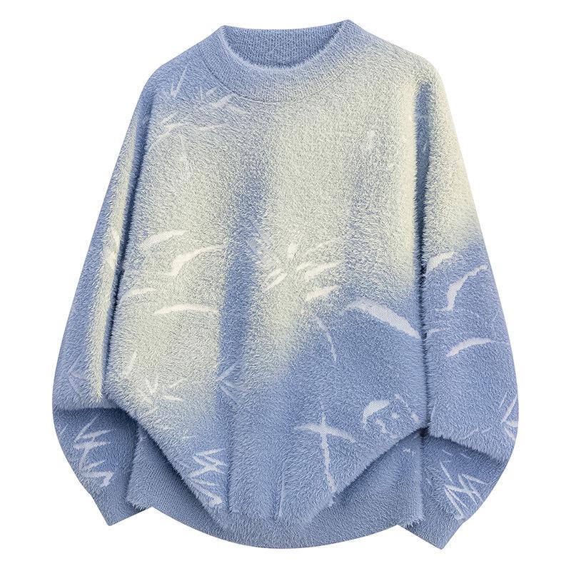 

2025 Winter Bamboo Leaf Jacquard Sweater: Round Neck, Loose Fit, Retro Knit Pullover 2XL [140-160 lbs] фіолетовий/синій