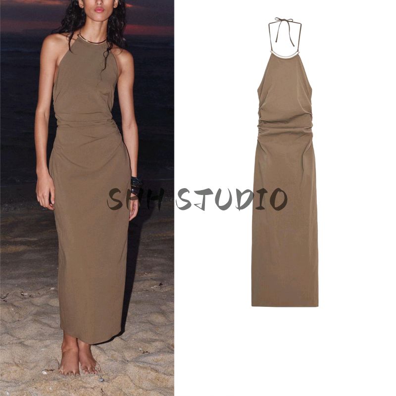Summer New Product Women's Clothes American Ruched Decorative Accessories Elegant Hanging Collar Midi Skirt Dress 3564092
