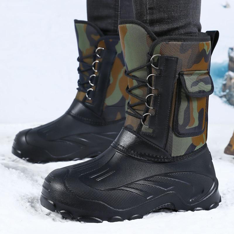 Herren Tarnung Mittelhohe Schneestiefel, Schnürung Dicke Sohle Fleecegefüttert Warm Outdoor Arbeit Baumwollschuhe