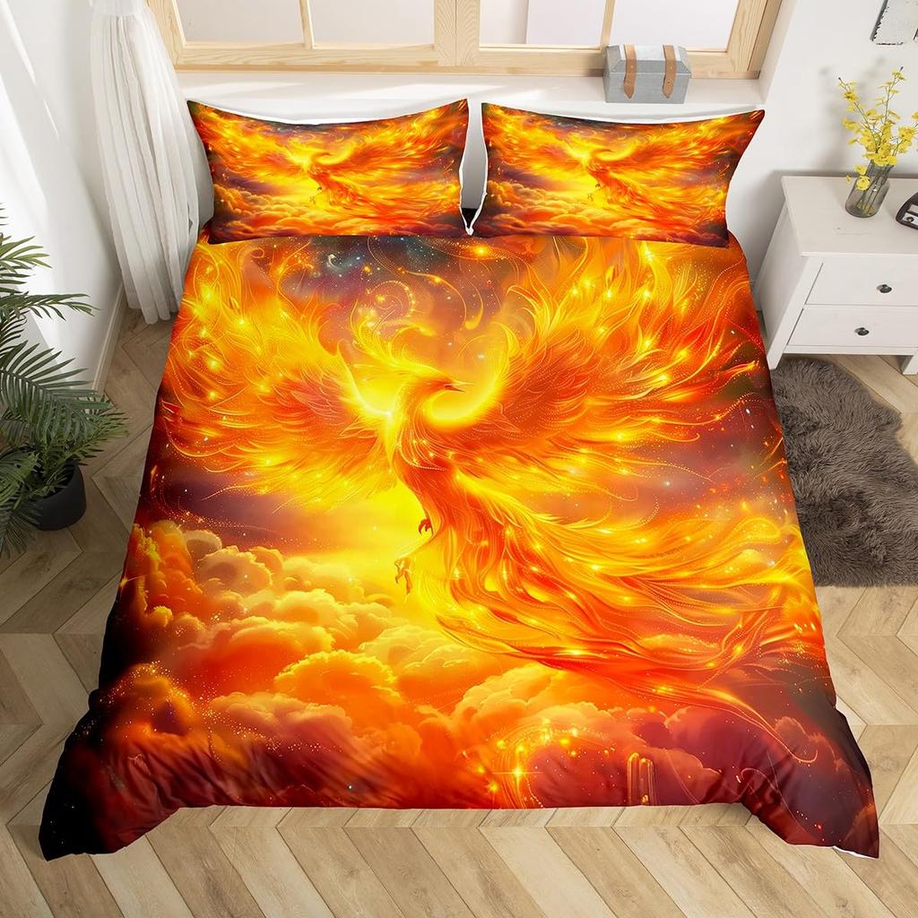 Colorful Phoenix Duvet Cover Set Cartoon Birds Bedding Set Full King Size Microfiber Flame Wings Comforter Cover For Boys Girls