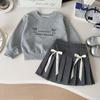 Girls' Grey Letter Embroidery Sweatshirt & Bow Pleated Skirt Set
