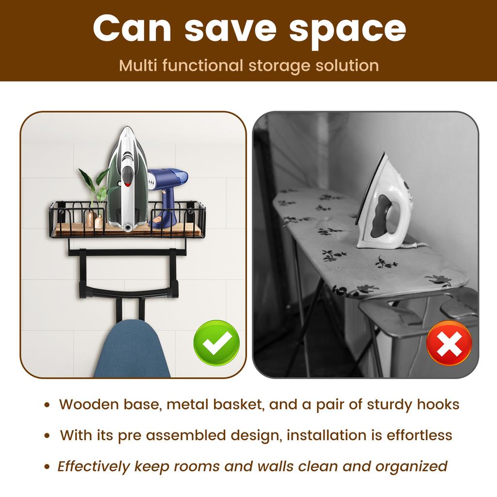 Ironing Board Hanger Wall Mount Ironing and Iron Board Hanger with Wood Storage Base Hooks Multifunctional Storage Holder Home