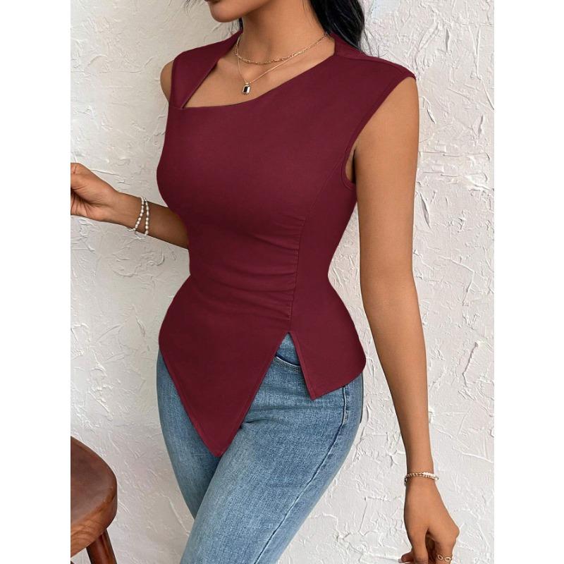 DAFIFY Women's Fashion Casual Summer Spring Solid Color Print Sleeveless Oblique Collark Blouses & Shirts