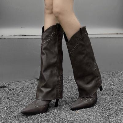2025 New Vintage Studded Trouser Boots New Pointed Toe Stiletto Heel Sleeve Anti-Slip Wear-Resistant Knight Booties