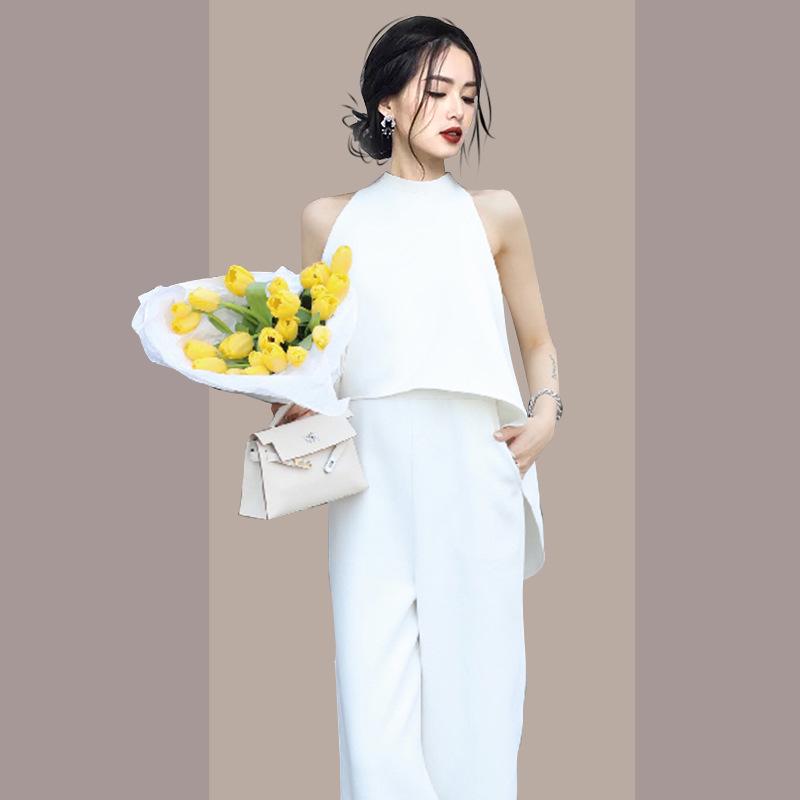 

Элегантный однотонный комбинезон-халтер: Топ без рукавов и брюки широкого кроя для женщин L белый