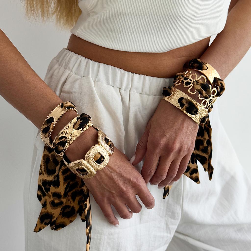 2026 Leopard Print Silk Scarf Cuff Bangles Polka Dot Ribbon-Wrapped Metal Wide Bracelet Retro Adjustable Ethnic Style Wristband