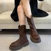 Women Boots New Thick Sole Stacked Fashion Brown Black 2026 Short Boots Wrinkled Leather Platform Casual Botines Chelsea Shoes