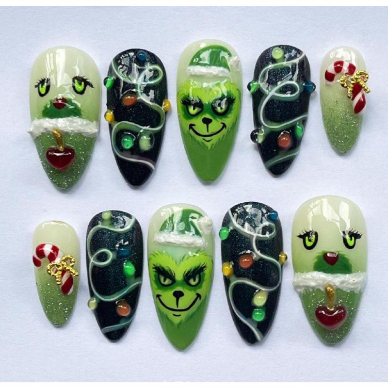 24-Piece Handmade Grinch-Inspired Almond Nails with 3D Bells  Rhinestones for Christmas Manicure