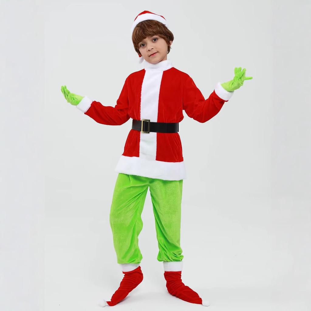 Kids Boys Santa Claus Xmas Green Elf Red Top Pants Hat Sets Children Christmas New Year Cosplay Costumes Performance Role Play Outfit
