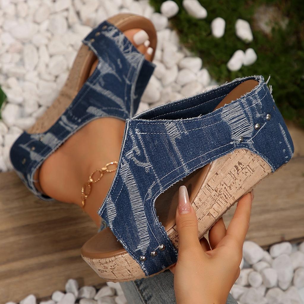 Fashion Women's Wedges Platform Sandals Thick Slope Back Lift Strap Denim Shoes Summer Fashion High Heels Sandals 2025