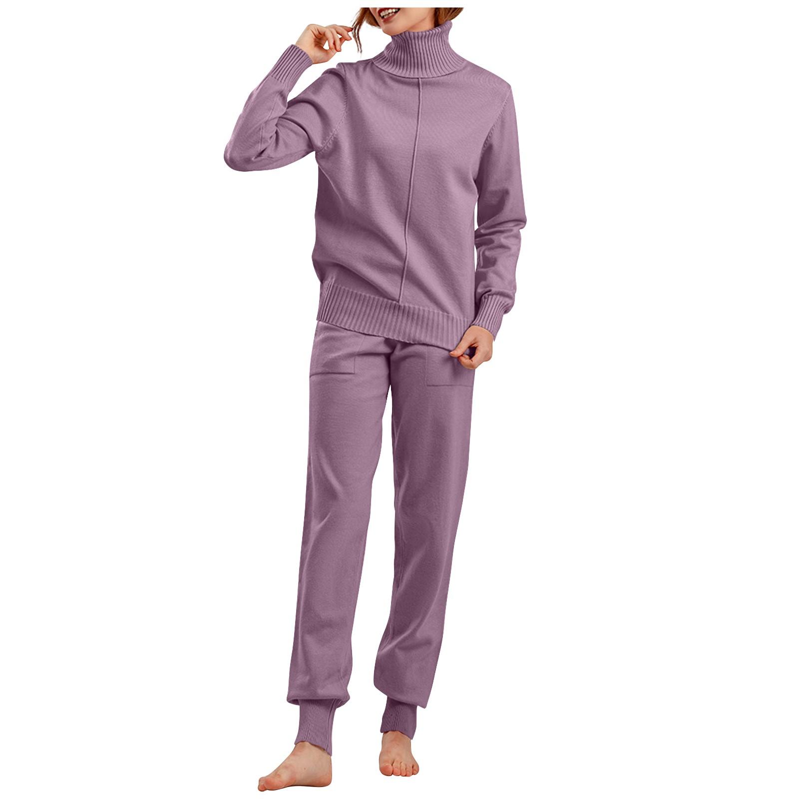 

Женская мода, повседневный осенне-зимний однотонный свитер с высоким воротником, вязаный комплект из двух предметов One Size фиолетовый