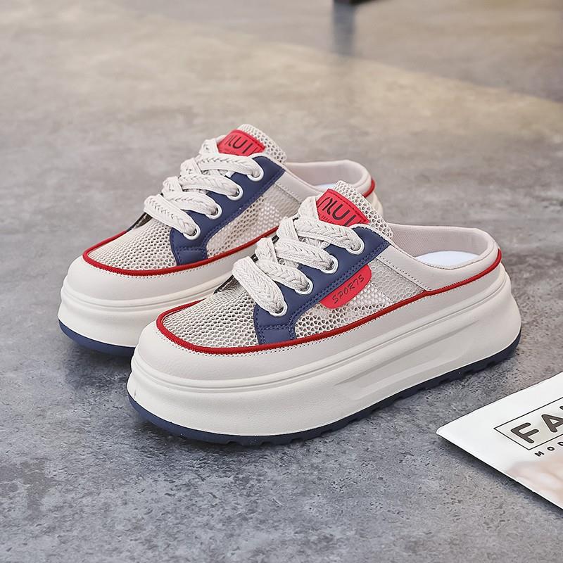 2025 summer half tray white shoes new Korean version ins female students platform mesh casual low-top lace-up slippers