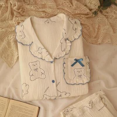Completo Pigiama Cardigan da Donna in Pizzo a Manica Lunga - Dolce Design a Bolle per Primavera e Autunno