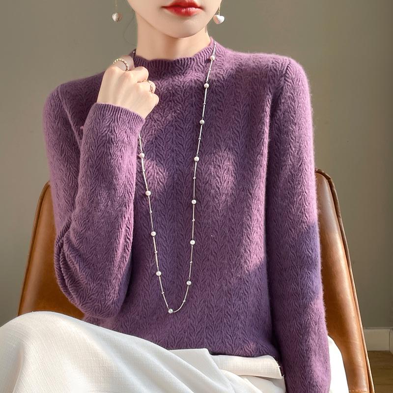 Women's 2024 Stylish Wool Sweater: Lace Half-High Collar Knit Top, Autumn/Winter Loose Fit Inner Wear.