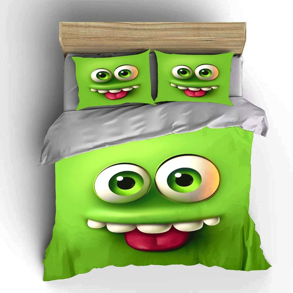 Playful Green Monster Trio Design Exquisite Three-Piece Bedding Set Gift For Kids And Adults