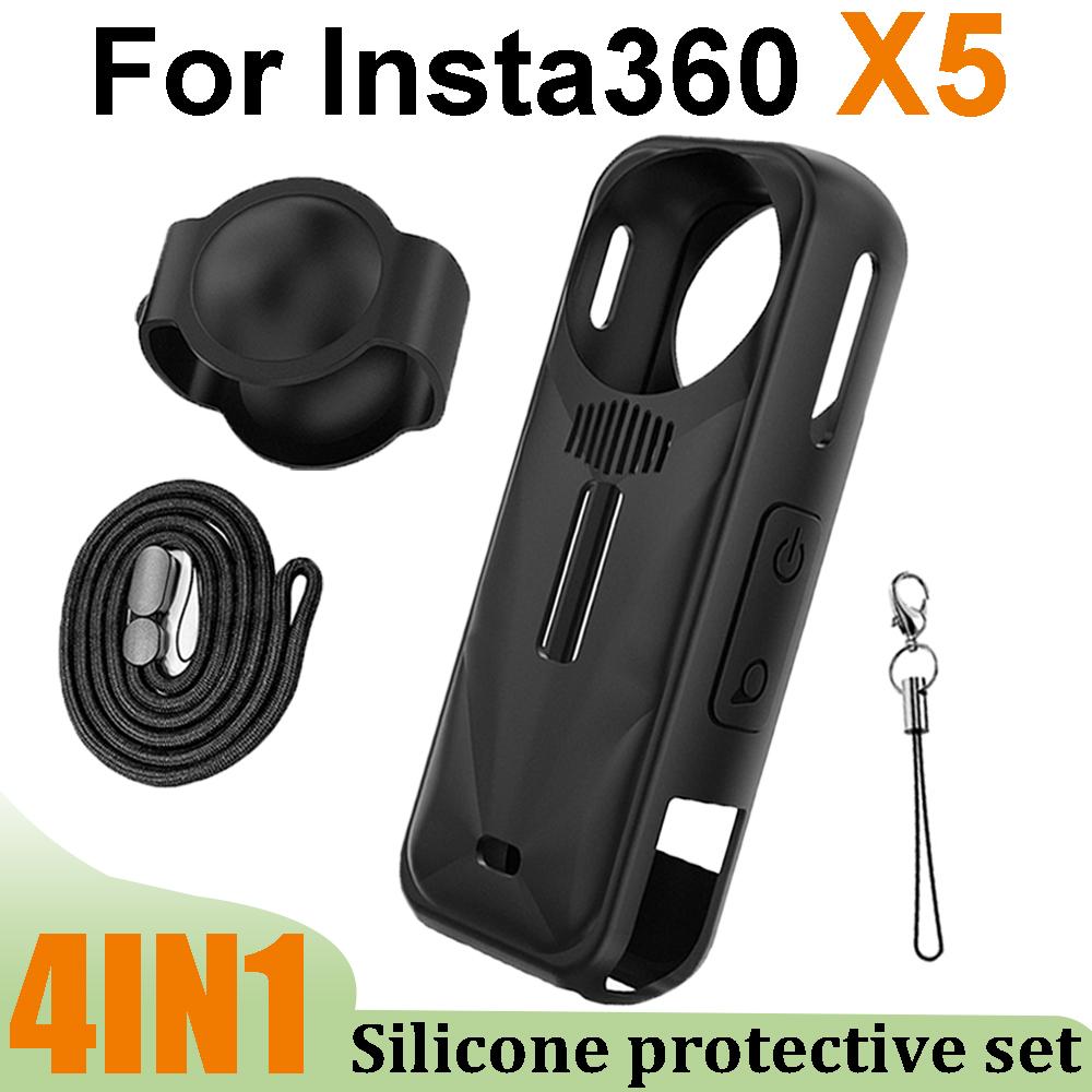 4IN1 Silicone Cover Case Fit for Insta360 X5 Panoramic Action Camera Anti-scratch Protector for Insta360 X5 with Strap Keychain