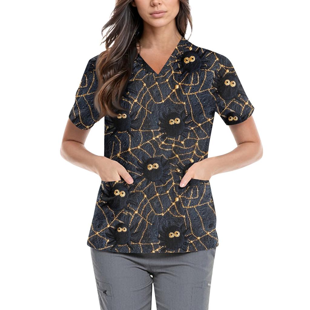 Women's Cute Printed Work Clothes V-neck Double Layer Pockets Basic Short Sleeve Top Pullover Valentines