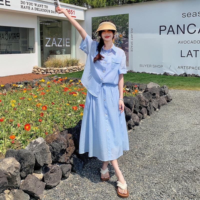 Blue Small Fresh Short-sleeved Shirt Set Skirt Women's Summer New One Set Half-length Skirt Two-piece Set