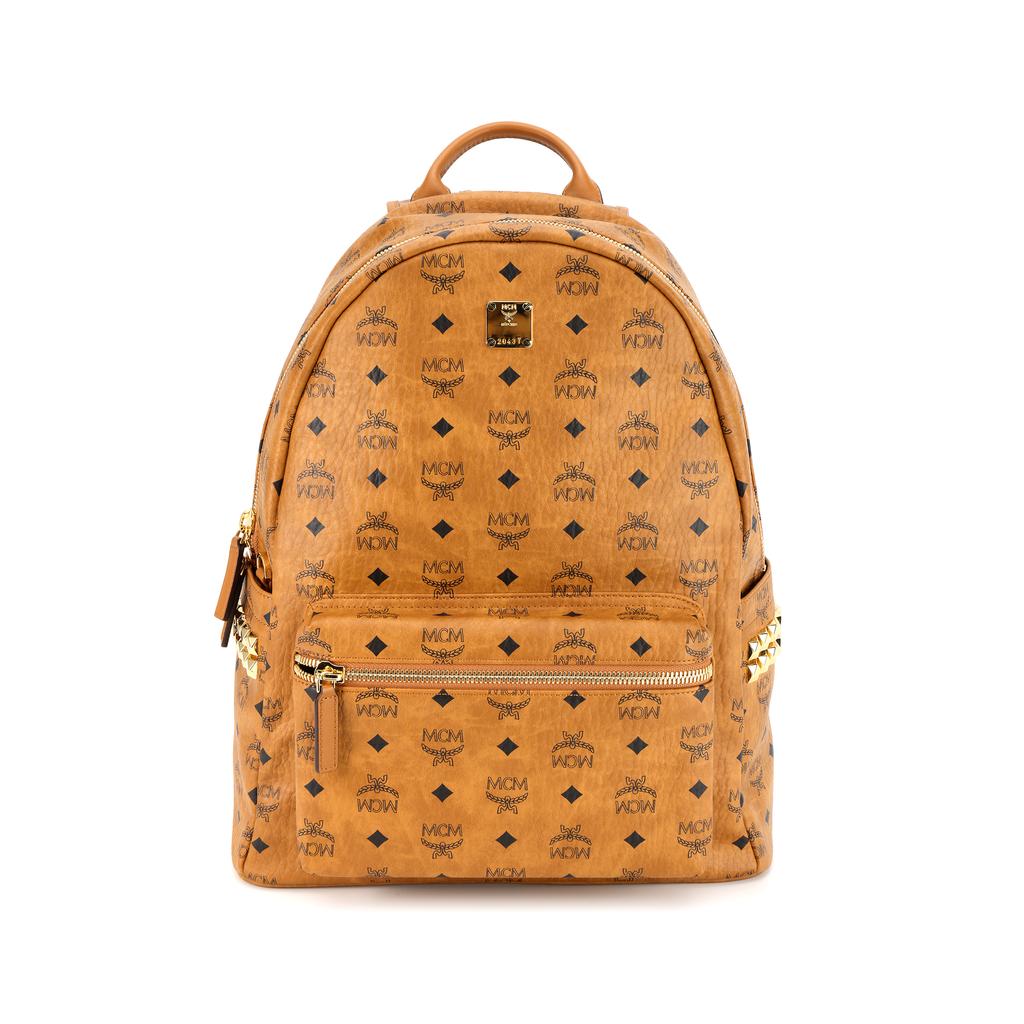 MCM Stark Studded Side Buckle Monogram Napa Leather Trim Backpack Unisex backpack Brown Cognac MMKAAVE09CO001