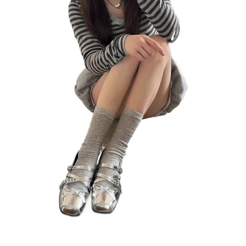 New Korean products! Bow square head shallow mouth ballet shoes women's 2025 summer new one-word buckle Mary Jane shoes