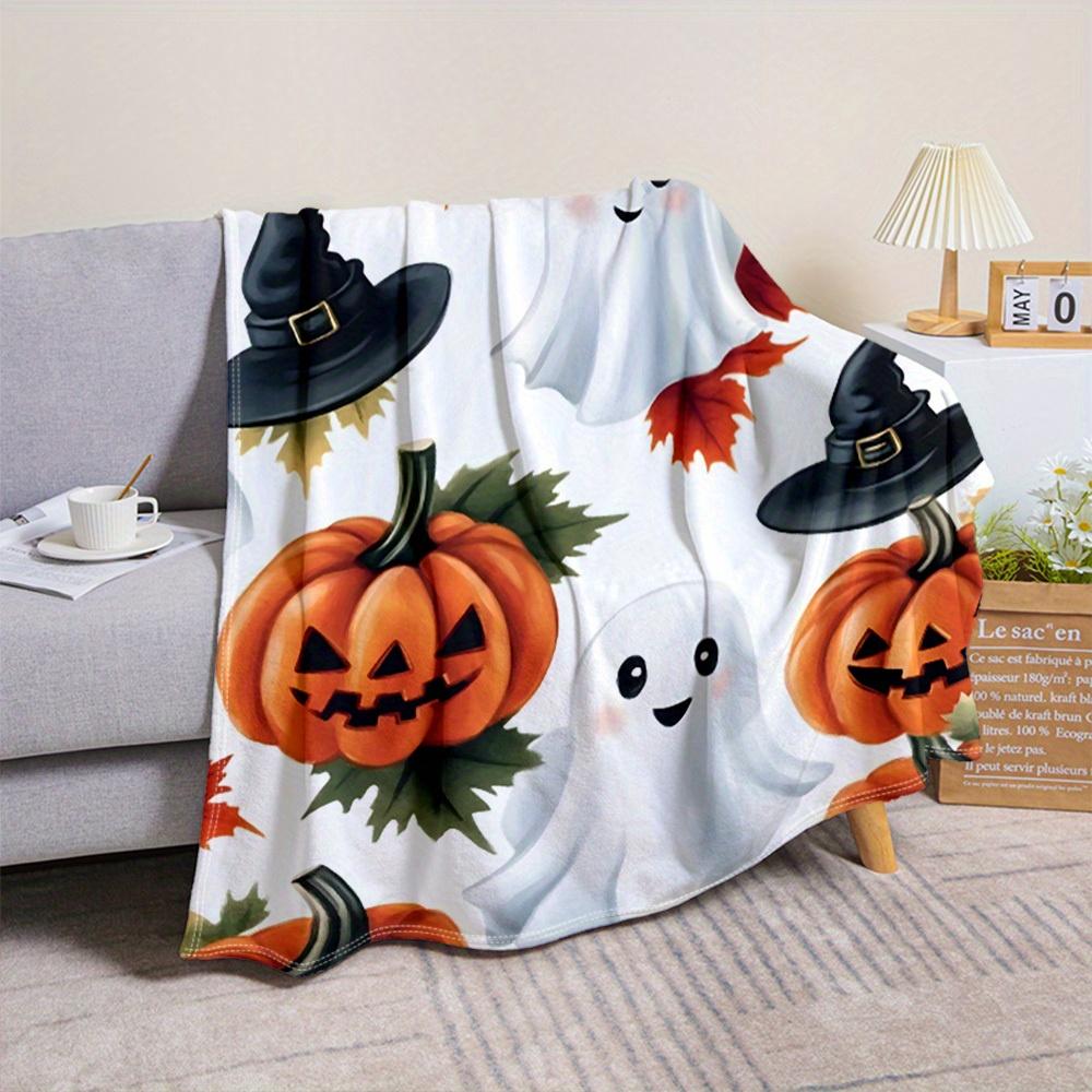 Halloween Flannel Fleece Throw Blanket - Pumpkin Ghost Witch Hat Print, Cozy Soft Plush Blanket for Sofa, Bed, Car, Office, Camp