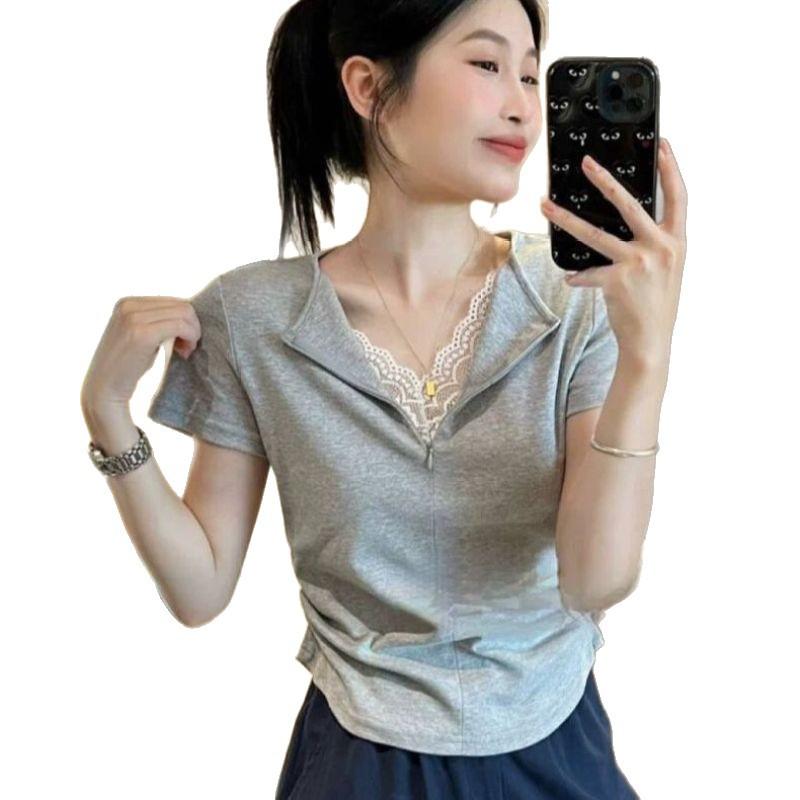 Lace splicing age-reducing short-sleeved T-shirt women's summer new design slim-fitting waist short top trendy