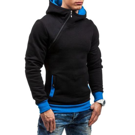 Autumn Winter Men Hoodie Slant Zipper Contrast Color Patchwork Pullover Thick Slim Fit Hooded Sweatshirt Streetwear