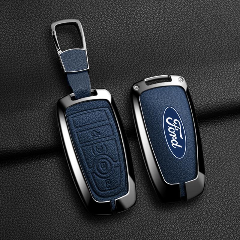 Metal Leather Car Smart Key Case Protect Shell For Ford Explorer Edge Escape Bronco F-150 Mustang Focus MK4 Kuga Taurus Sticker RM9