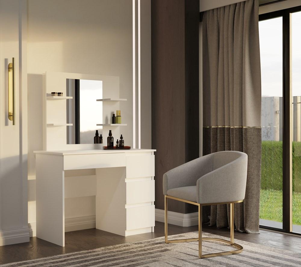 Toeletta Marina 4P Specchio Mijas Destro 4 Cassetti 4 Ripiani Bianca Per Camera da Letto