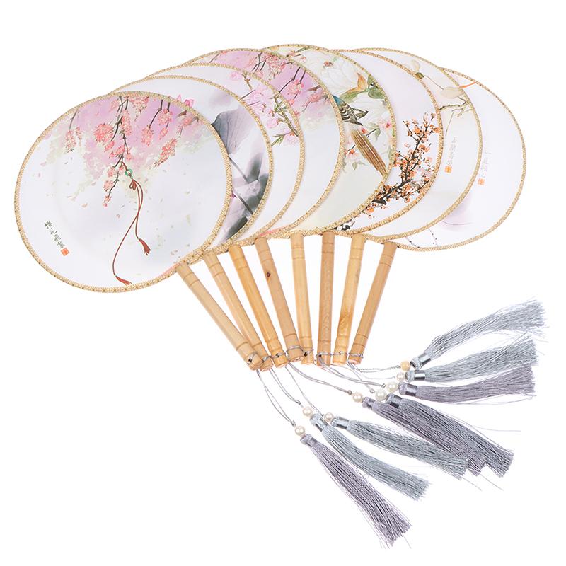 Ahşap Saplı Çin Tarzı Yuvarlak Fan Taşınabilir Baskılı Vintage Fan