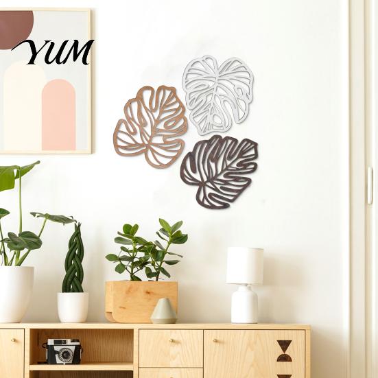 Rustic Wooden Wall Sculpture 3Pcs Hollow Monstera Leaf Decoration, Tropical Art Hanging Plaque, Decorative Minimalist Home Decor with Hook for Living