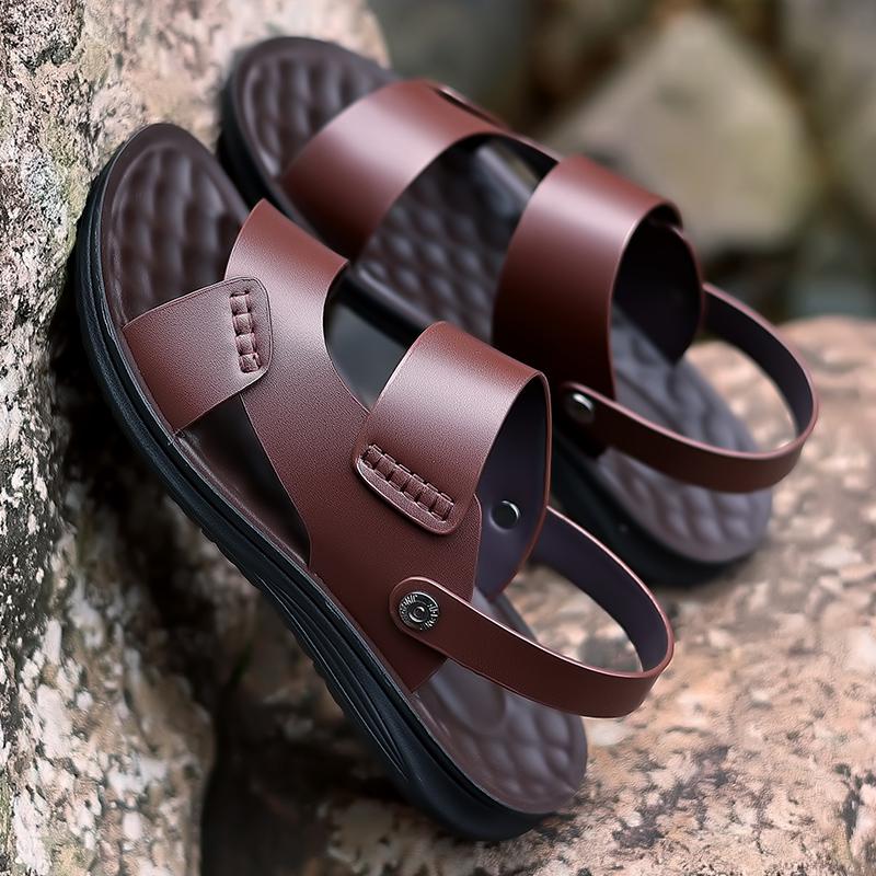 Men Brown Flats Slippers Summer Outdoor Wide Head Hiking Sandals Retro Black Leather Open Toe Beach Shoes Plus Size