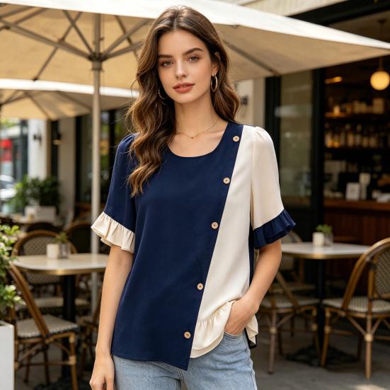 Women Tops Crew Neck Short Sleeve Pullover Tops with Irregular Ruffle Hem Block Design Buttons Decor Loose Fit Versatile Blouse