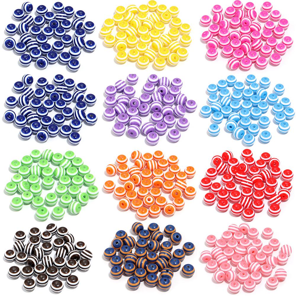 50-100pcs/lot Colorful Stripe Resin Beads Round Loose Beads Spacer Beads For Handmade DIY Jewelry Making Bracelets Necklace