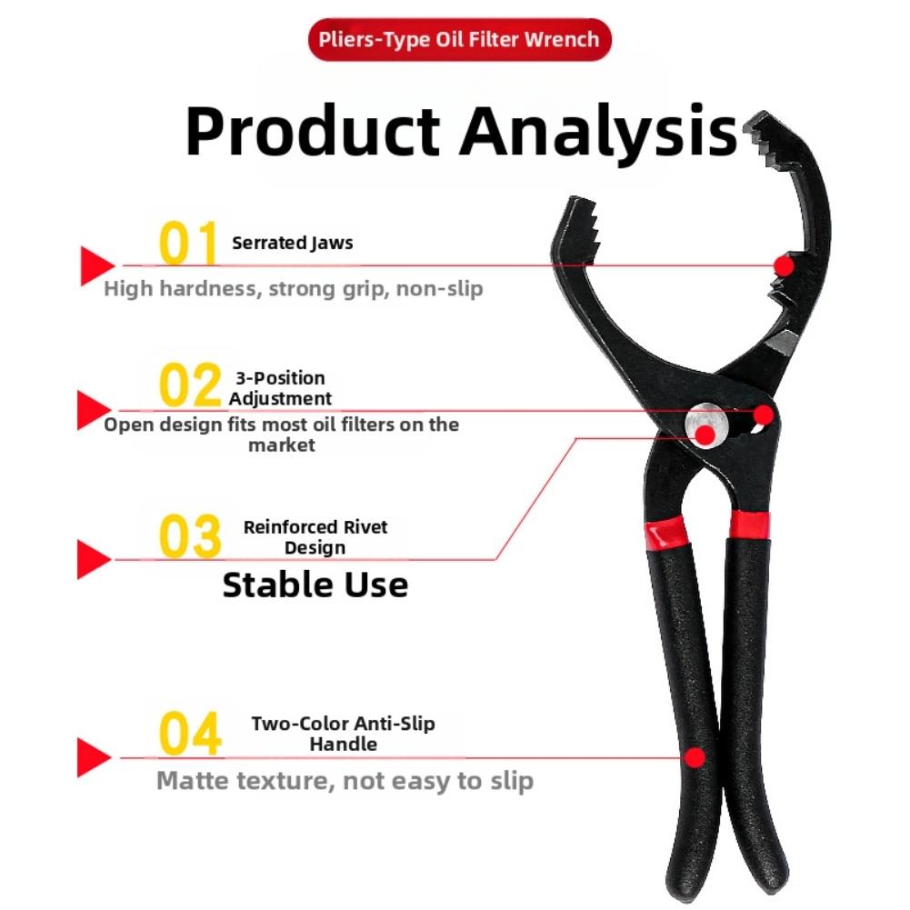 Adjustable Oil Filter Pliers with Non Slip Handle and Reinforced Rivet for Long Lasting Use and High Torque Performance